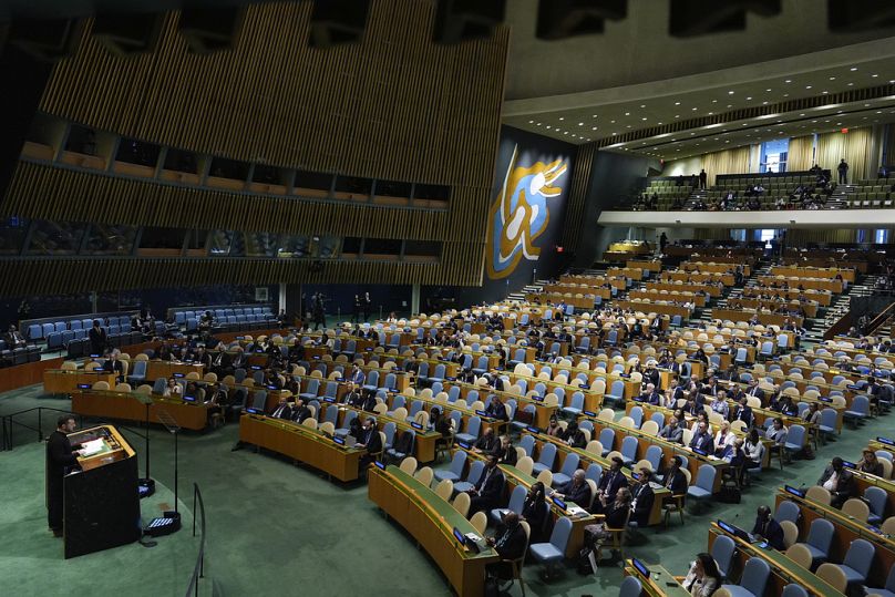 Der ukrainische Präsident Volodymyr Zelenskyy spricht auf der 79. Sitzung der Generalversammlung der Vereinten Nationen am Mittwoch, 25. September 2024, im UN-Hauptquartier.