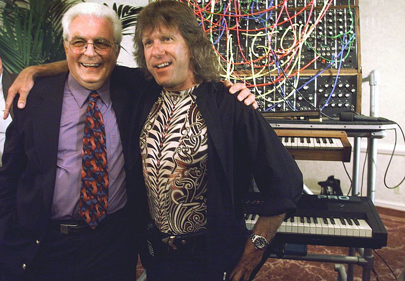 Keith Emerson of Emerson Lake and Palmer, right, poses with legendary musical electronics engineer, Dr. Bob Moog