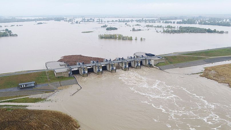 Oder River flood waters channelled into and contained by the newly-built Lower Raciborz Reservoir that has spared the cities of Opole and Wroclaw from flooding, 16 Sept. 2024.