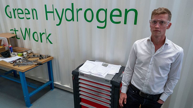 Jordi Zonneveld poses for a portrait at Plug Power where they produce green hydrogen in Alphen aan den Rijn, Netherlands.