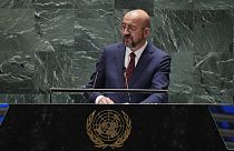 Le président du Conseil européen Charles Michel s'adresse à l'Assemblée générale des Nations unies lors du Sommet du futur, le dimanche 22 septembre 2024 au siège de l'ONU.