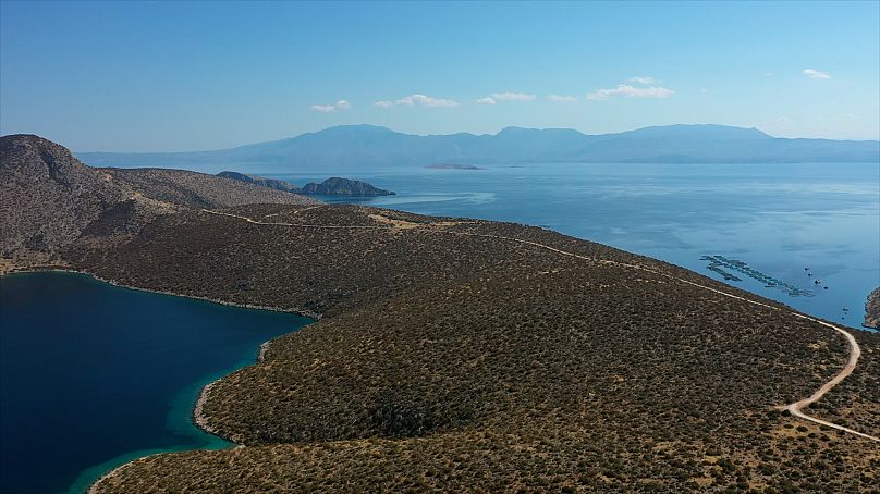 The sea bass farm is in a remote bay in the Corinthian Gulf