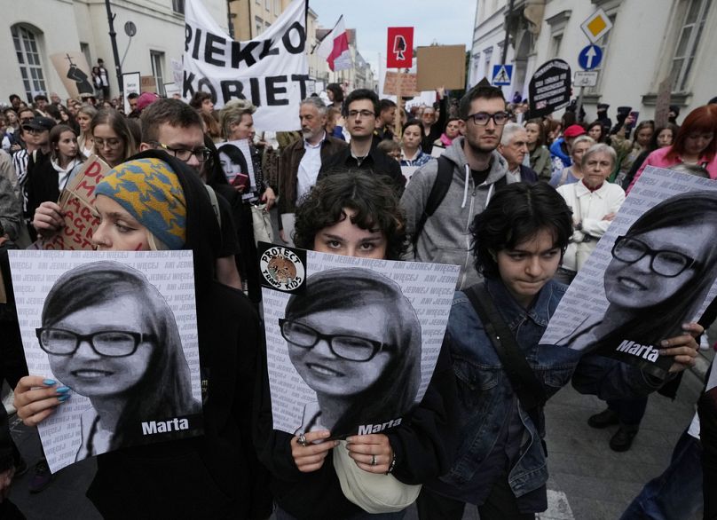 People protest Poland's restrictive abortion law in Warsaw, Poland, on Wednesday June 14, 2023.