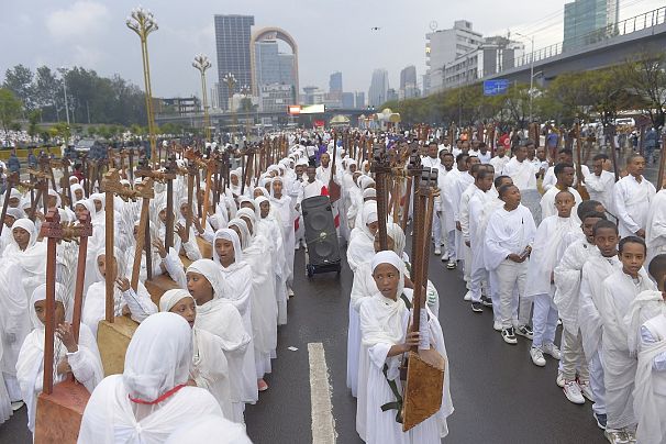 Religious leaders sing to celebrate Meskel, meaning the Cross in Amharic, is an annual religious holiday among Orthodox in Addis Ababa, Ethiopia on Sept. 26, 2024. 