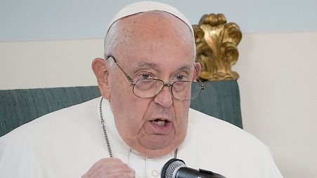 Pope Francis delivers his message during a meeting with the authorities and the civil society in the Grande Galerie of the Castle of Laeken, Brussels, 27 September 2024