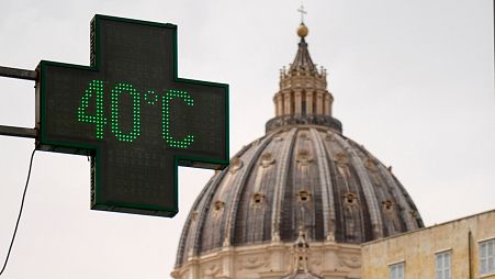 A thermometer, backdropped by the dome St.Peter's Basilica, displays a temperature of 40 degrees celsius.