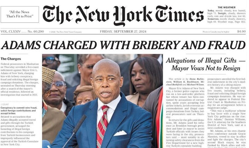New York Times gazetesinin 27 Eylül 2024 tarihli sayısının ön sayfası