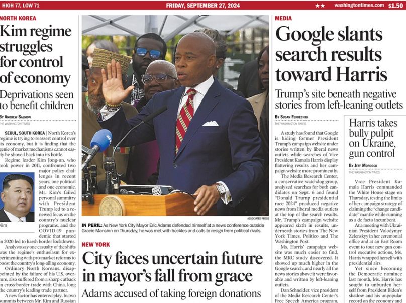 The Washington Times gazetesinin 27 Eylül 2024 tarihli sayısının ön sayfası