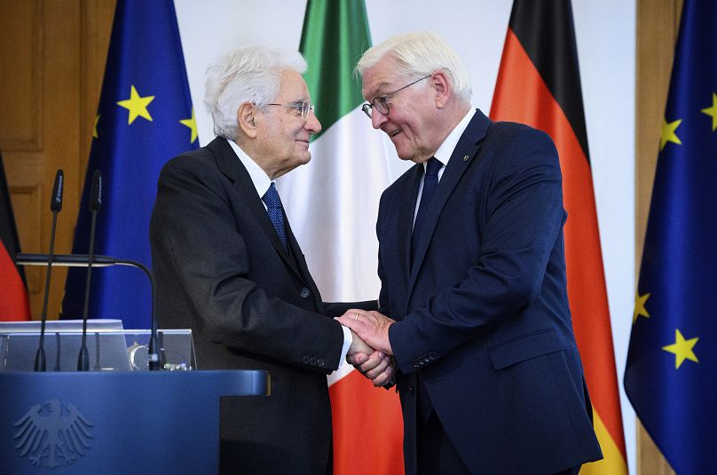 German President Frank-Walter Steinmeier, right, and President of Italy Sergio Mattarella shake hands after a press conference in Berlin, September 27, 2024