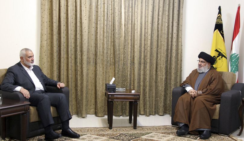 Hamas'ın öldürülen eski lideri İsmail Haniye ile Hizbullah lideri Nasrallah. İsrail, Nasrallah'ın da öldürüldüğünü duyurdu