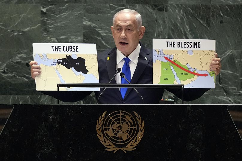 O primeiro-ministro de Israel, Benjamin Netanyahu, discursa na Assembleia Geral das Nações Unidas, 27 de setembro de 2024