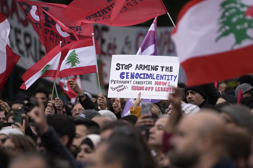 People gather during a pro-Lebanon protest as Israeli airstrikes have intensified in Lebanon's south, September 29, 2024