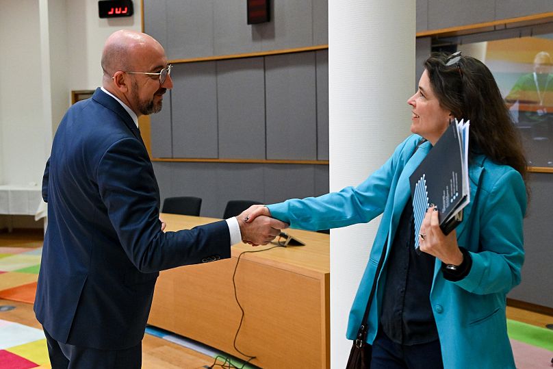 EU Council president Charles Michel and Sigrid de Vries during a meeting with automotive industry representatives on 10 April 2024