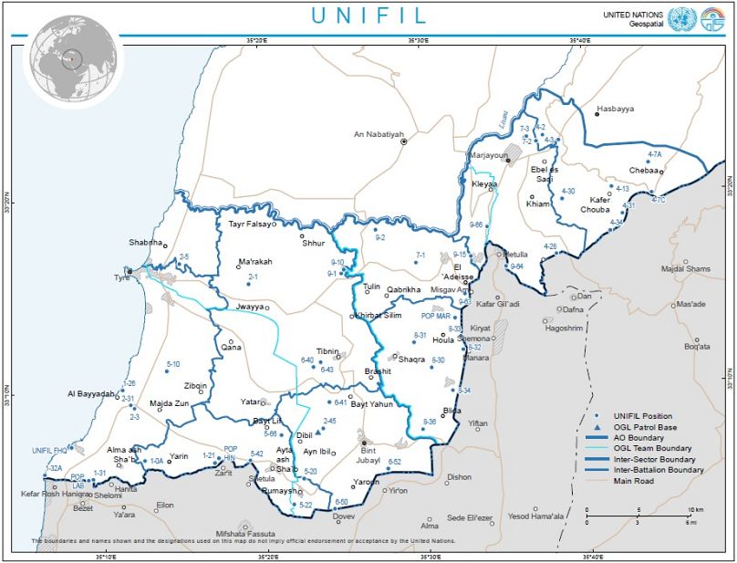 خريطة تبين إنتشار اليونيفيل في لبنان