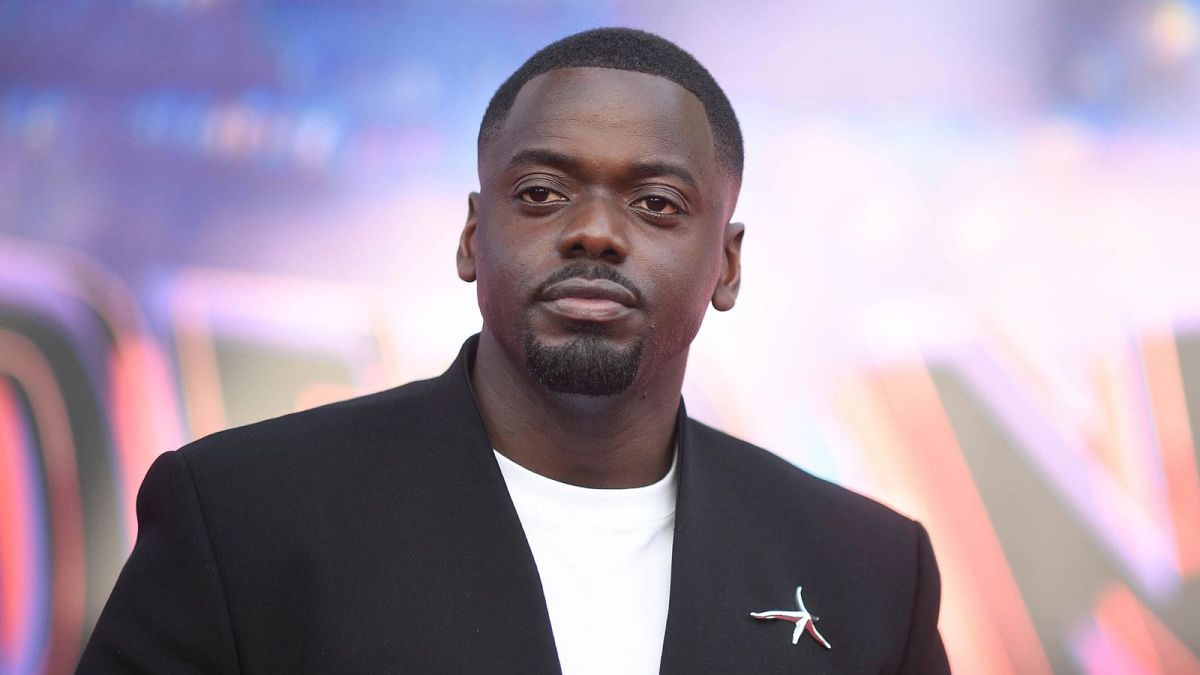 Oscar-winning actor Daniel Kaluuya receives a statue in London's Leicester Square