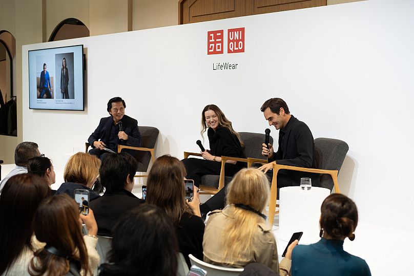 John Jay, Claire Waight Keller and brand ambassador Roger Federer in Paris for Uniqlo's special exhibition. 