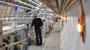 A technician works in the LHC (Large Hadron Collider) tunnel of the European Organization for Nuclear Research, CERN. A technician works in the LHC (Large Hadron Collider) tunnel of the European Organization for Nuclear Research, CERN.