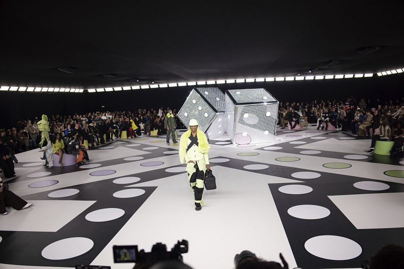 A model wears a creation as part of the Off-White Fall/Winter 2024-2025 ready-to-wear collection presented Thursday, Feb. 29, 2024 in Paris