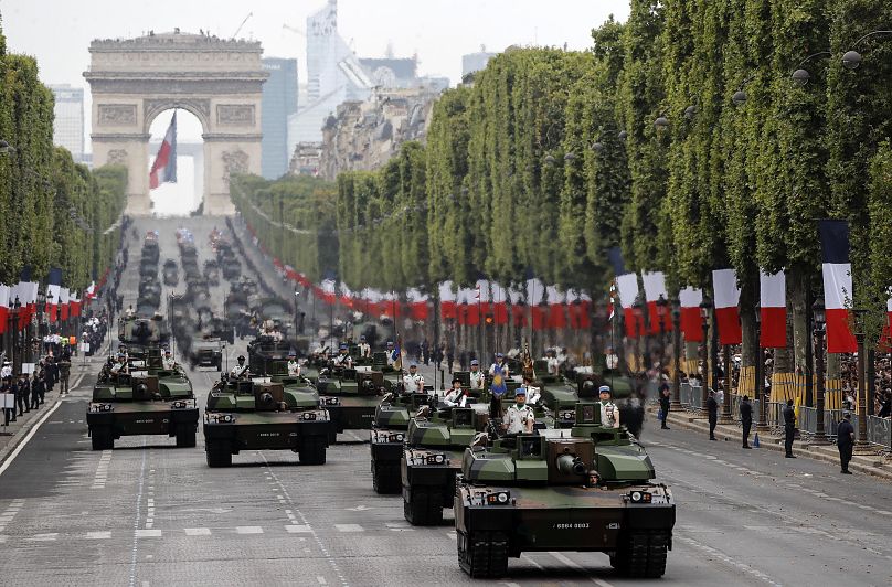 French tanks parade through Paris for Bastille Day on 14th July.