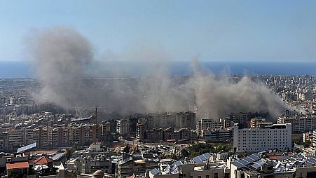 Smoke rises after Israeli airstrikes in Dahiyeh, Beirut, Lebanon.