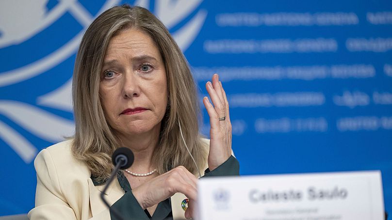 Celeste Saulo, WMO Secretary-General, speaks about the state of Global Climate 2023, during a press conference at the UN headquarters in Geneva, Switzerland, 19 March 2024. 