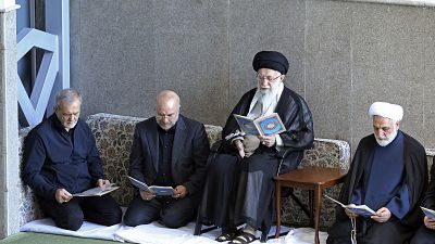 In this photo released by the official website of the office of the Iranian supreme leader, Ayatollah Ali Khamenei can be pictured on the second right.