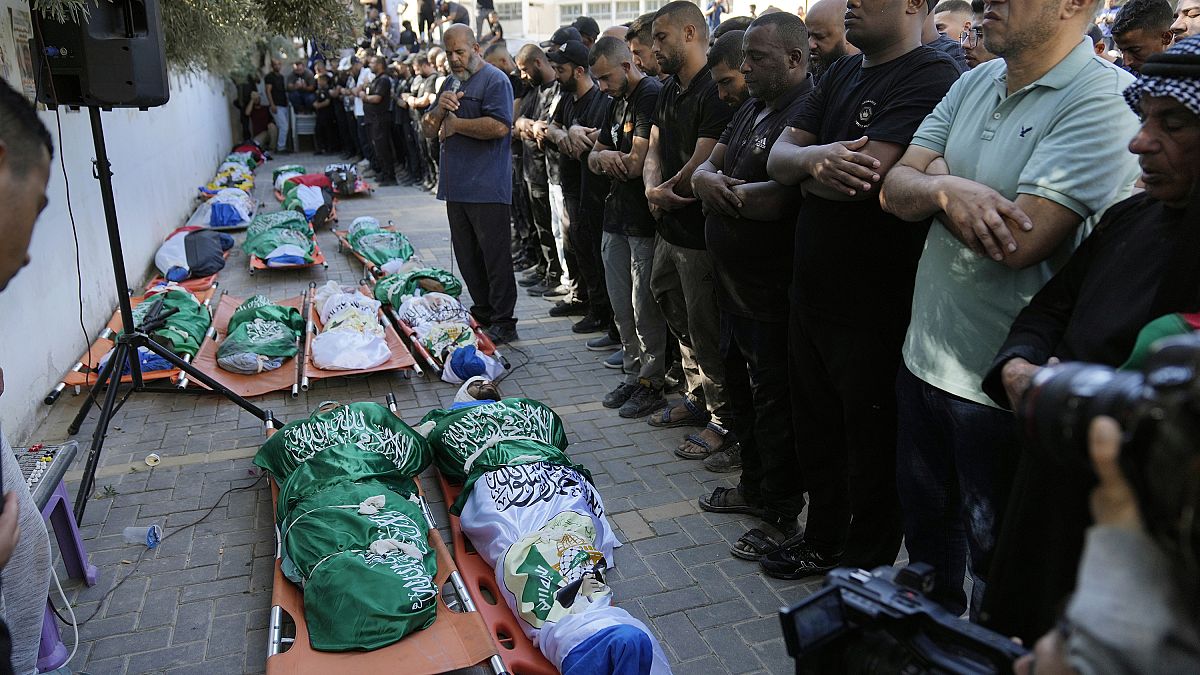 Funeral procession for 18 Palestinians killed in the deadliest Israeli airstrike targeting a cafe in the Tulkarm refugee camp in the northern West Bank