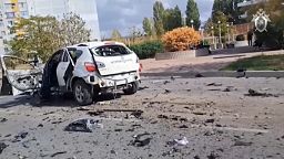 The wreckage of Andrei Korotkiy's following a bombing in Enerhodar, October 4, 2024