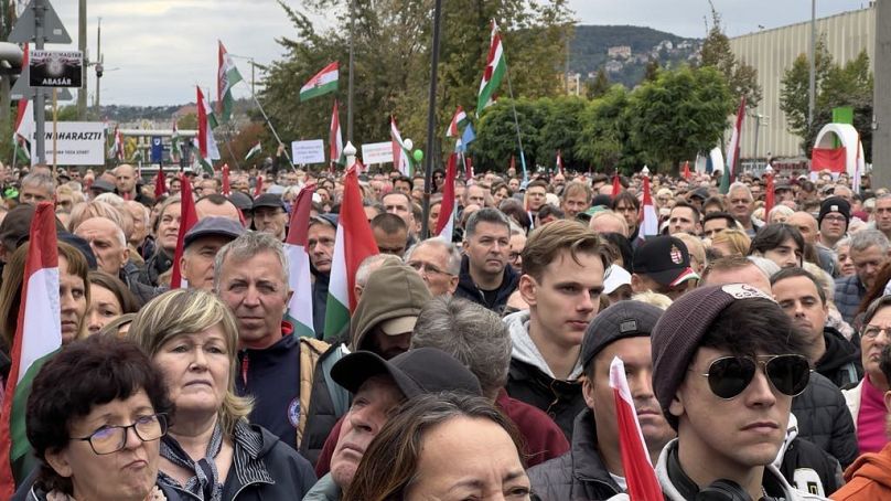 Magyar Péterről összevágott híradásokat vetítettek le a kivetítőkön a politikus beszéde előtt
