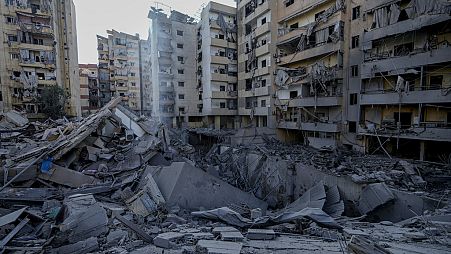 Destroyed buildings at the site of Israeli airstrikes in Dahiyeh, Beirut, Lebanon, Sunday, Oct. 6, 2024.