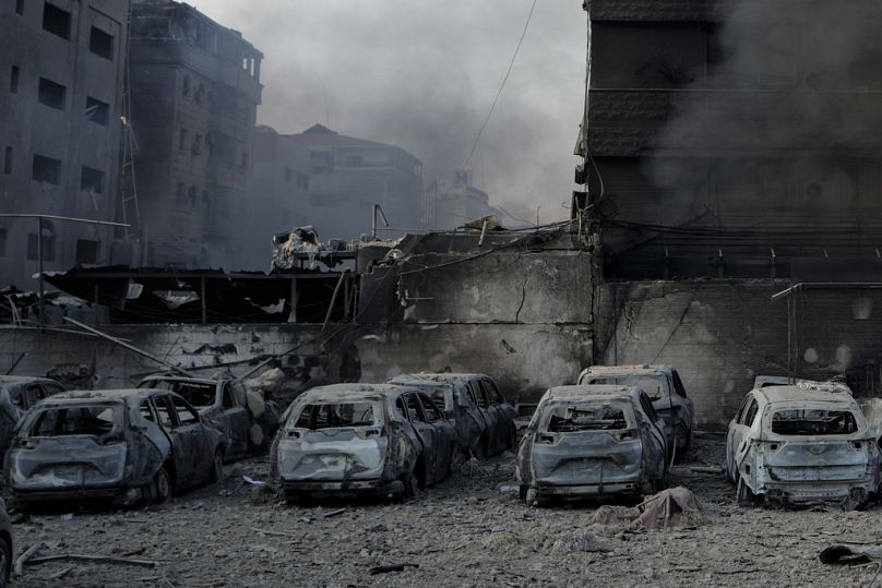 Charred cars at the site of an Israeli airstrike in Dahiyeh, Beirut, Lebanon, Sunday, Oct. 6, 2024.