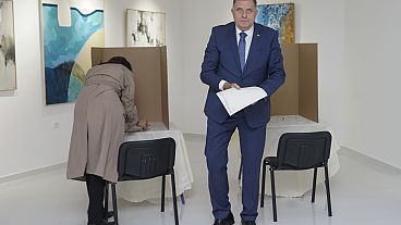 Bosnian Serb leader Milorad Dodik, right, prepares his ballot for the local elections at a polling station in Laktasi, northwest of Sarajevo, Bosnia, Sunday, Oct. 6, 2024. Bosnian Serb leader Milorad Dodik, right, prepares his ballot for the local elections at a polling station in Laktasi, northwest of Sarajevo, Bosnia, Sunday, Oct. 6, 2024.