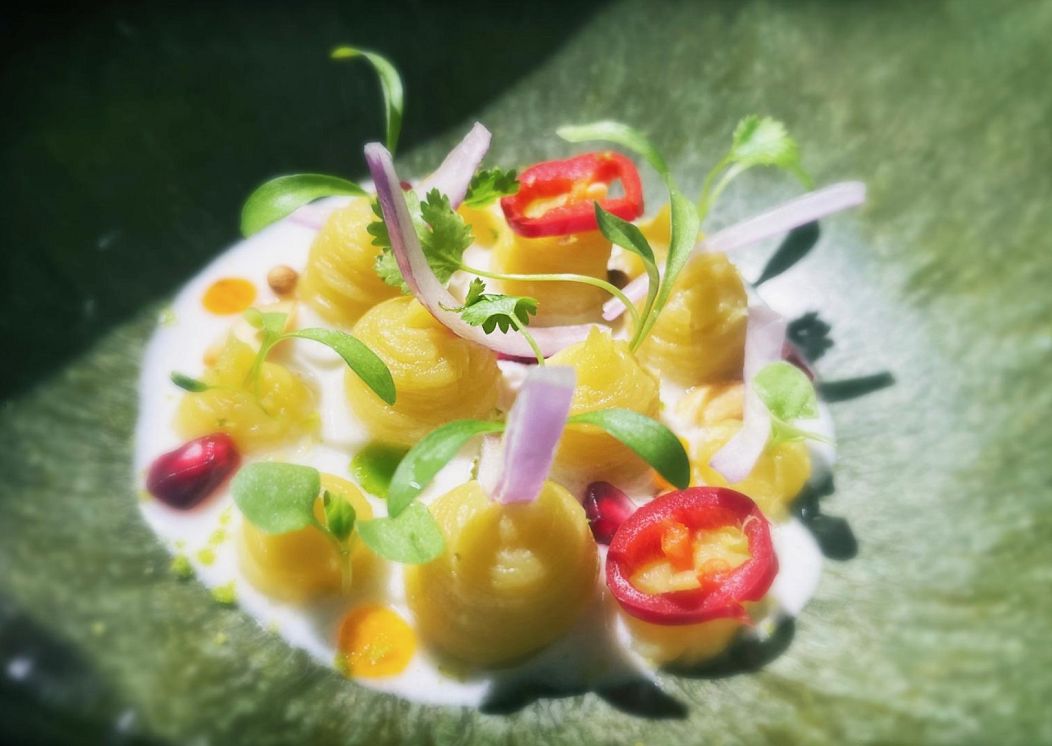 Sweet Potato Ceviche with leche de tigre and Japanese lime kaffir