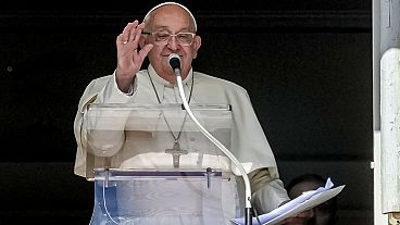 Pope Francis appears at his studio window for the traditional noon blessing of faithful and pilgrims gathered in St. Peter's Square at The Vatican, Sunday, Oct. 6, 2024. Pope Francis appears at his studio window for the traditional noon blessing of faithful and pilgrims gathered in St. Peter's Square at The Vatican, Sunday, Oct. 6, 2024.