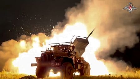 A Russian Army "Grad" self-propelled 122 mm multiple rocket launcher fires rockets toward Ukrainian position at an undisclosed location on 6 October, 2024.