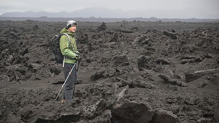 An Artemis II crew member hikes during NASA's Geology Training in Iceland