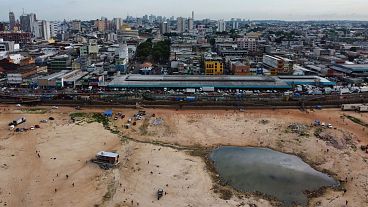 A part of the Negro River is dry at the port in Manaus, Amazonas state, Brazil, 4 October 2024, amid severe drought. A part of the Negro River is dry at the port in Manaus, Amazonas state, Brazil, 4 October 2024, amid severe drought.