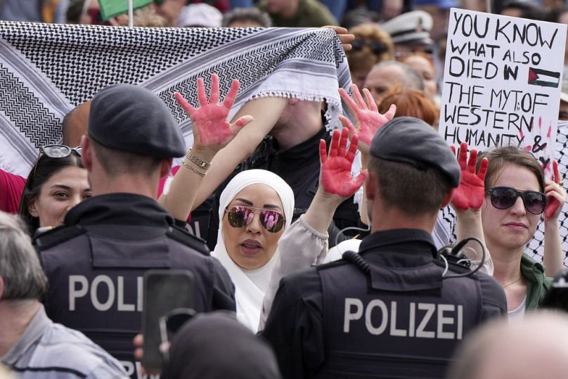 Pro-Palestinian protesters demonstrate against Germany's Israel policy in Duisburg.