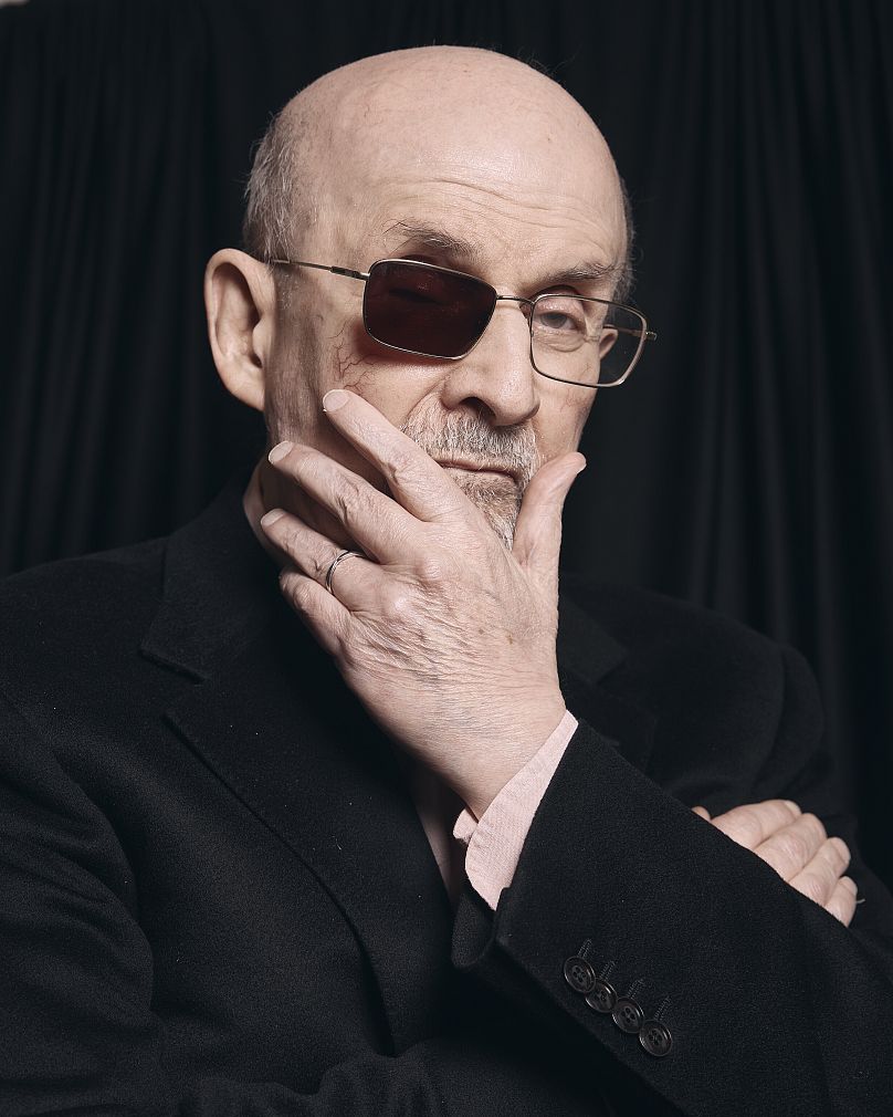 Salman Rushdie poses for a portrait to promote his book "Knife: Meditations After an Attempted Murder" on Thursday, April 18, 2024, in New York.
