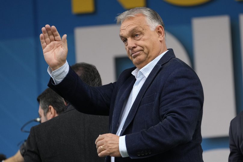 رئيس الوزراء المجري ورئيس مجلس الاتحاد الأوروبي فيكتور أوربان  شمال ميلانو، إيطاليا، الأحد، 6 أكتوبر/تشرين الأول 2024. (أسوشيتد برس/أنطونيو كالاني)