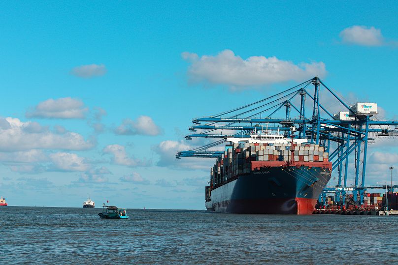 A transport ship ready to leave dock