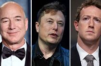 Jeff Bezos (left), Elon Musk (centre), and Mark Zuckerberg (right)