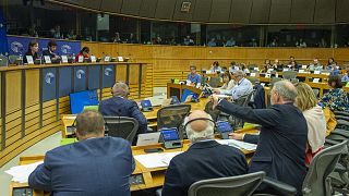 I membri della commissione JURI del Parlamento europeo partecipano a una riunione l'8 aprile 2024 a Bruxelles.