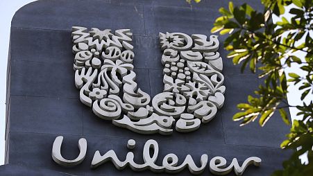 A Unilever logo is displayed outside the head office of PT Unilever Indonesia Tbk. in Tangerang, Indonesia, Tuesday, Nov. 16, 2021. 