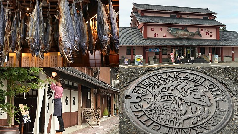 El salmón está presenta en todas partes en la ciudad de Murakami: desde el museo del salmón Iyoboya Kaikan (arriba a la derecha) hasta las tapas de alcantarilla de las aceras