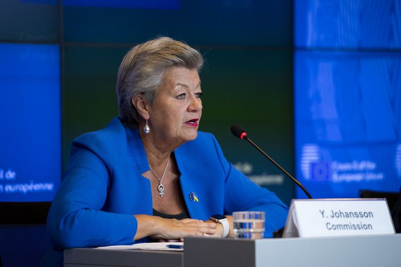 European Commissioner for Home Affairs Ylva Johansson speaks during a press conference following the latest EES announcement