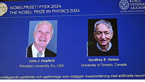 John Hopfield and Geoffrey Hinton, seen in picture, are awarded the 2024 Nobel Prize in Physics, announced at a press conference at the Royal Swedish Academy of Sciences in St