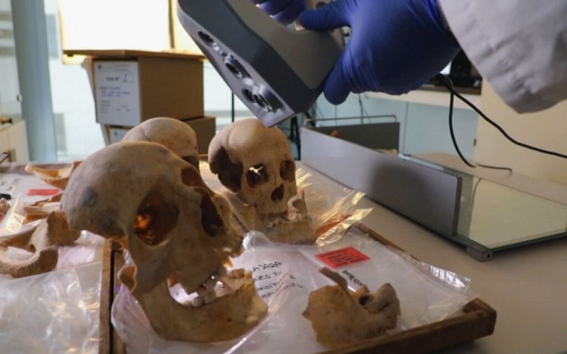 Un scientifique travaille sur les restes présumés de Christophe Colomb et de membres de sa famille, dans le laboratoire de l'université de Grenade, en Espagne en 2021