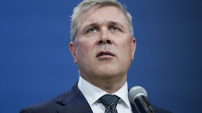 Iceland's Prime Minister Bjarni Benediktsson speaking to members of the media during his arrival at the NATO summit in Washington, 10 July, 2024
