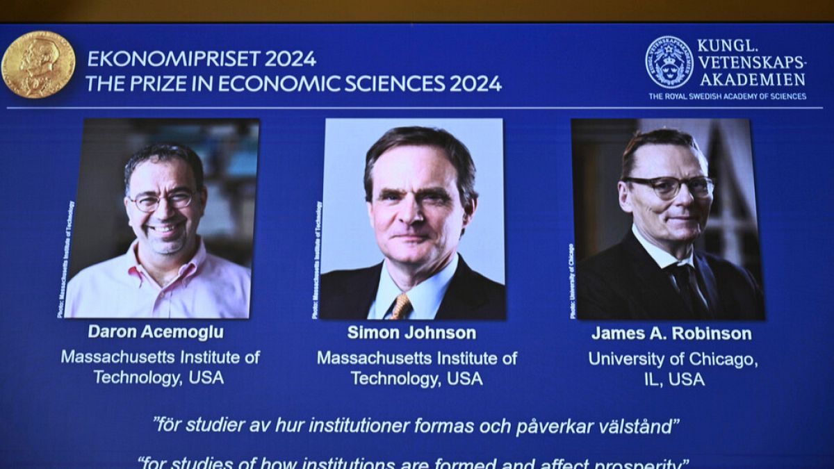 The Nobel memorial prize in economics awarded to Daron Acemoglu, Simon Johnson and James A Robinson.